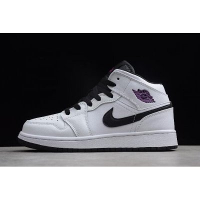 Nike Bayan Air Jordan 1 Mid Gs Beyaz / Siyah / Mor Basketbol Ayakkabısı Türkiye - 1HY97Y79